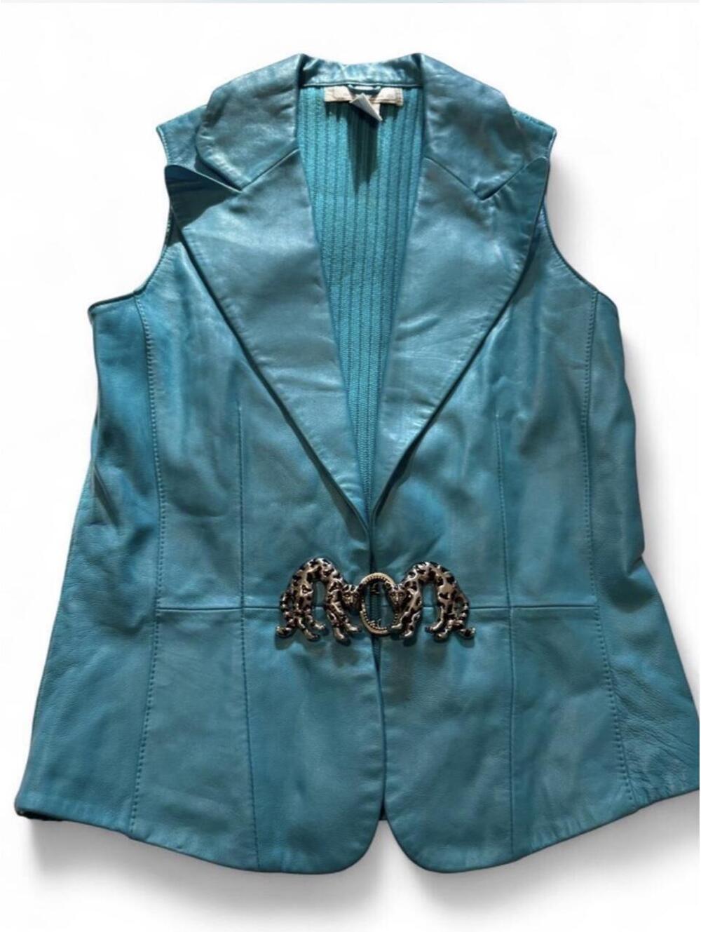 Vintage 90s Lisa International Teal Leather Knit Jacket size small
